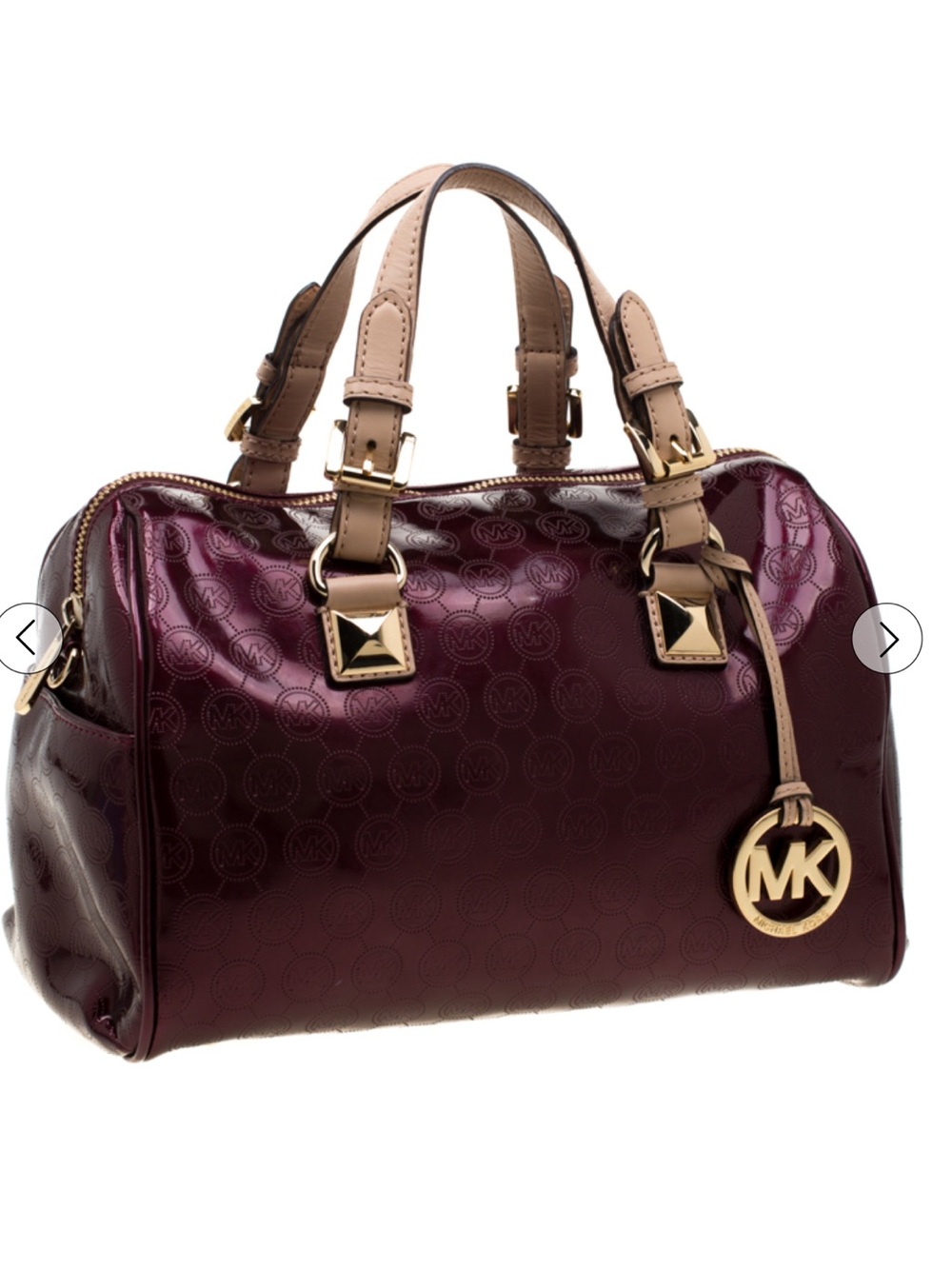 Grayson Barrel Bag in Burgundy- Glossy Patent Leather Monogram Finish